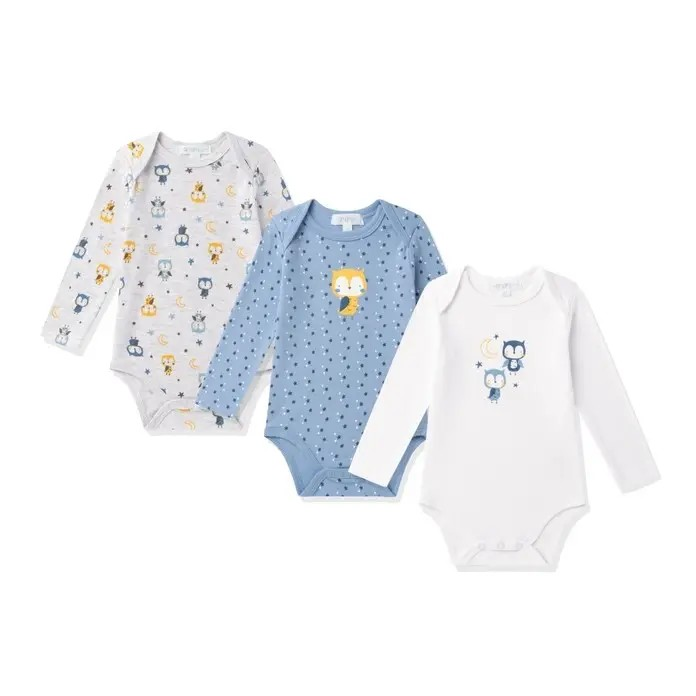 Lot de 3 bodies « Hibou » – Bleu & Blanc