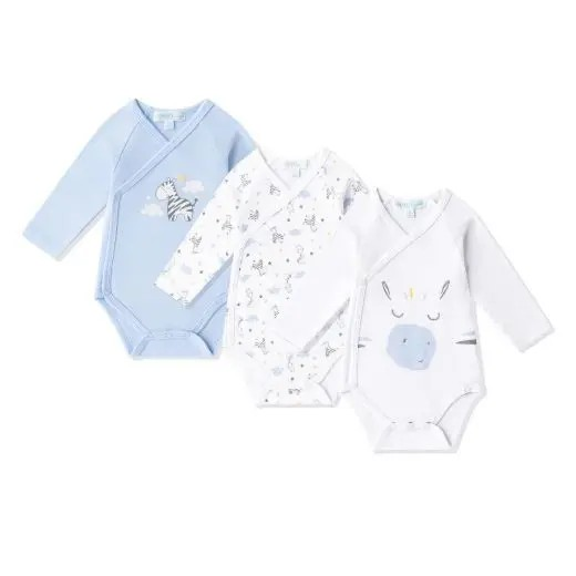 Lot de 3 bodies croisés « Zèbre » – Bleu & Blanc